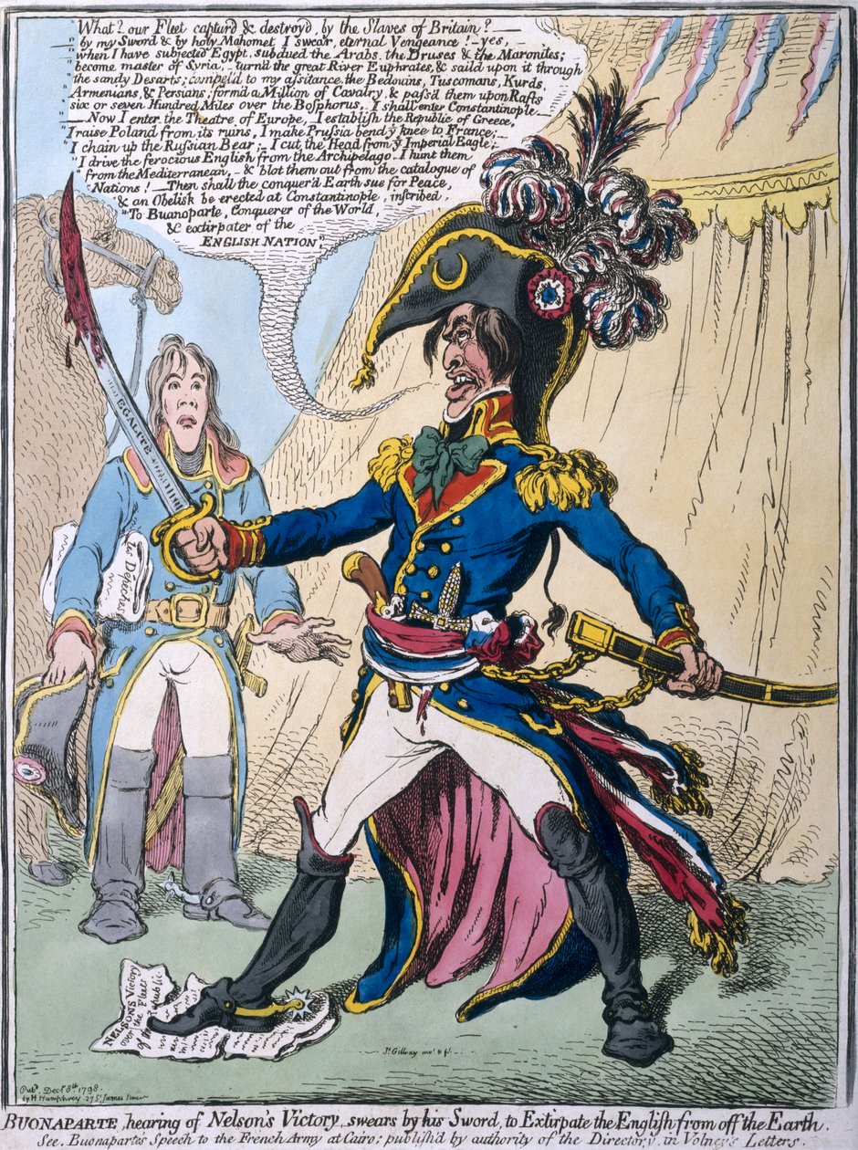 Buonaparten kuulema Nelsonin voitosta vannoo hänen miekkansa kautta tuhota englantilaiset maapallolta, julkaisi Hannah Humphrey vuonna 1798 (käsinvärinen etsaus) tekijältä James Gillray