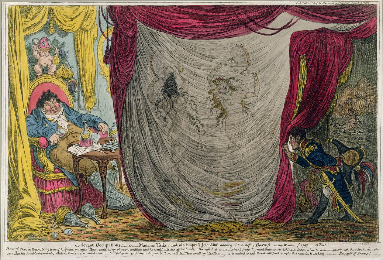 Ci-devant Occupations tai Madame Talian ja keisarinna Josephine tanssivat alasti Barrassin edessä talvella 1797, julkaisija Hannah Humphrey vuonna 1805 (etsaus akvatintalla) tekijältä James Gillray