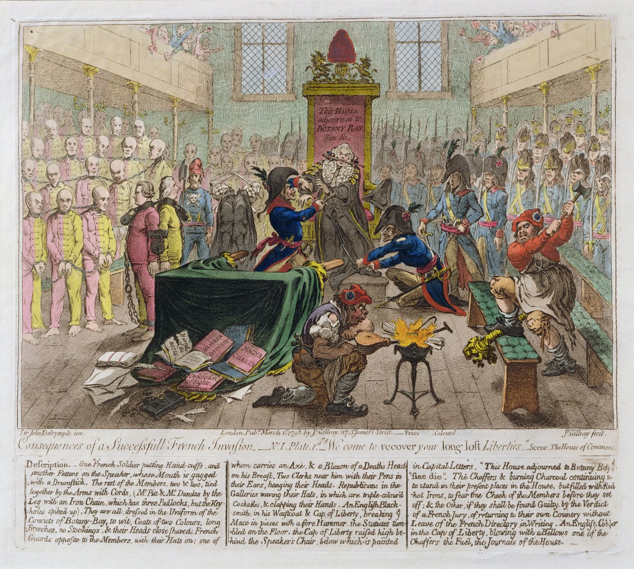 Onnistuneen ranskalaisen hyökkäyksen seuraukset eli tulemme palauttamaan kauan kadonneita vapauksiasi, 1798 (käsinvärinen etsaus) tekijältä James Gillray