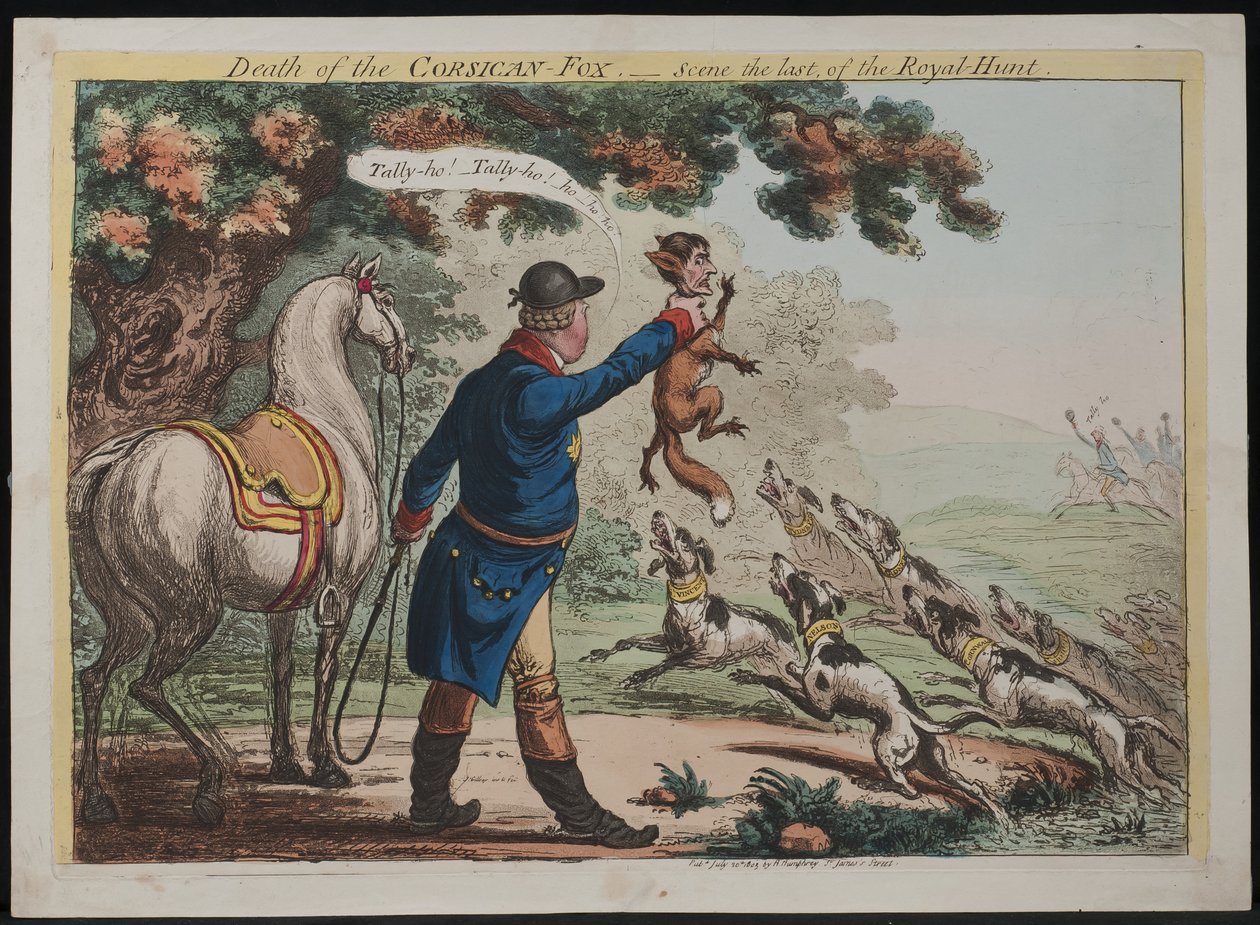 Korsikan ketun kuolema - Kohtaus kuninkaallisen metsästyksen viimeisestä vaiheesta, 1803. tekijältä James Gillray