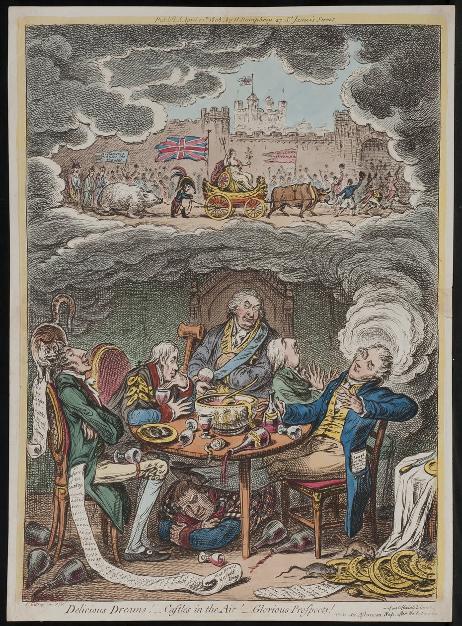 Herkullisia unelmia! Linnoja ilmassa! Loistavat näkymät! vide Iltapäivän päiväunet virallisen illallisen väsymyksen jälkeen tekijältä James Gillray