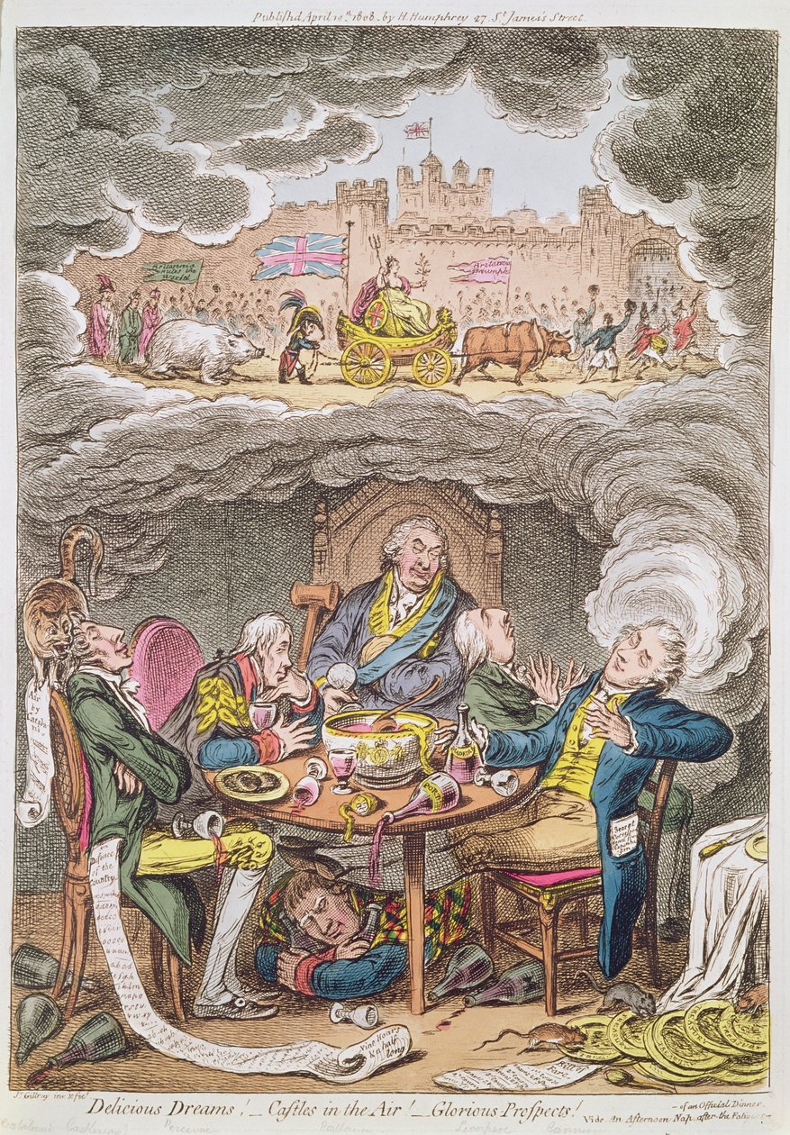 Herkullisia unia! Linnat ilmassa! Upeita näkymiä! vide Iltapäiväunet virallisen illallisen väsymyksen jälkeen, sarjakuva Lord Portlandista ja hänen ministereistä, 1808 tekijältä James Gillray