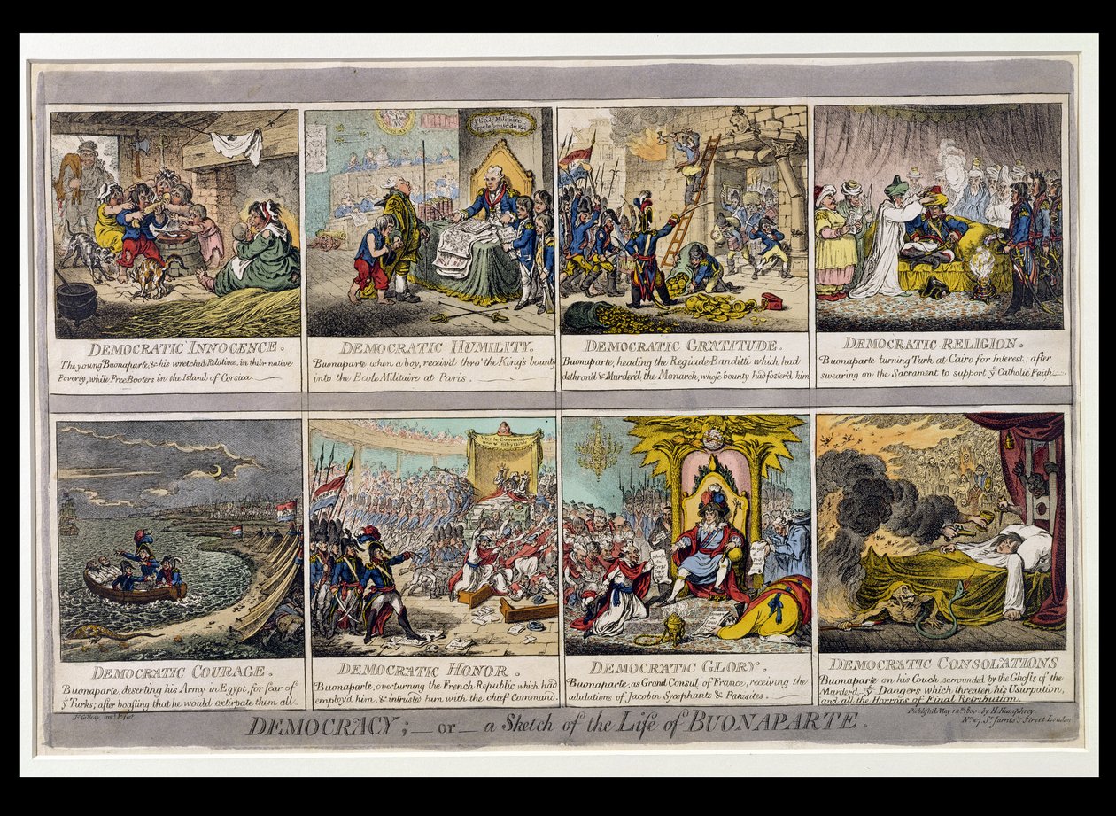 Demokratia eli luonnos Buonaparten elämästä, Hannah Humphreyn vuonna 1800 julkaisema (käsinvärinen etsaus) tekijältä James Gillray