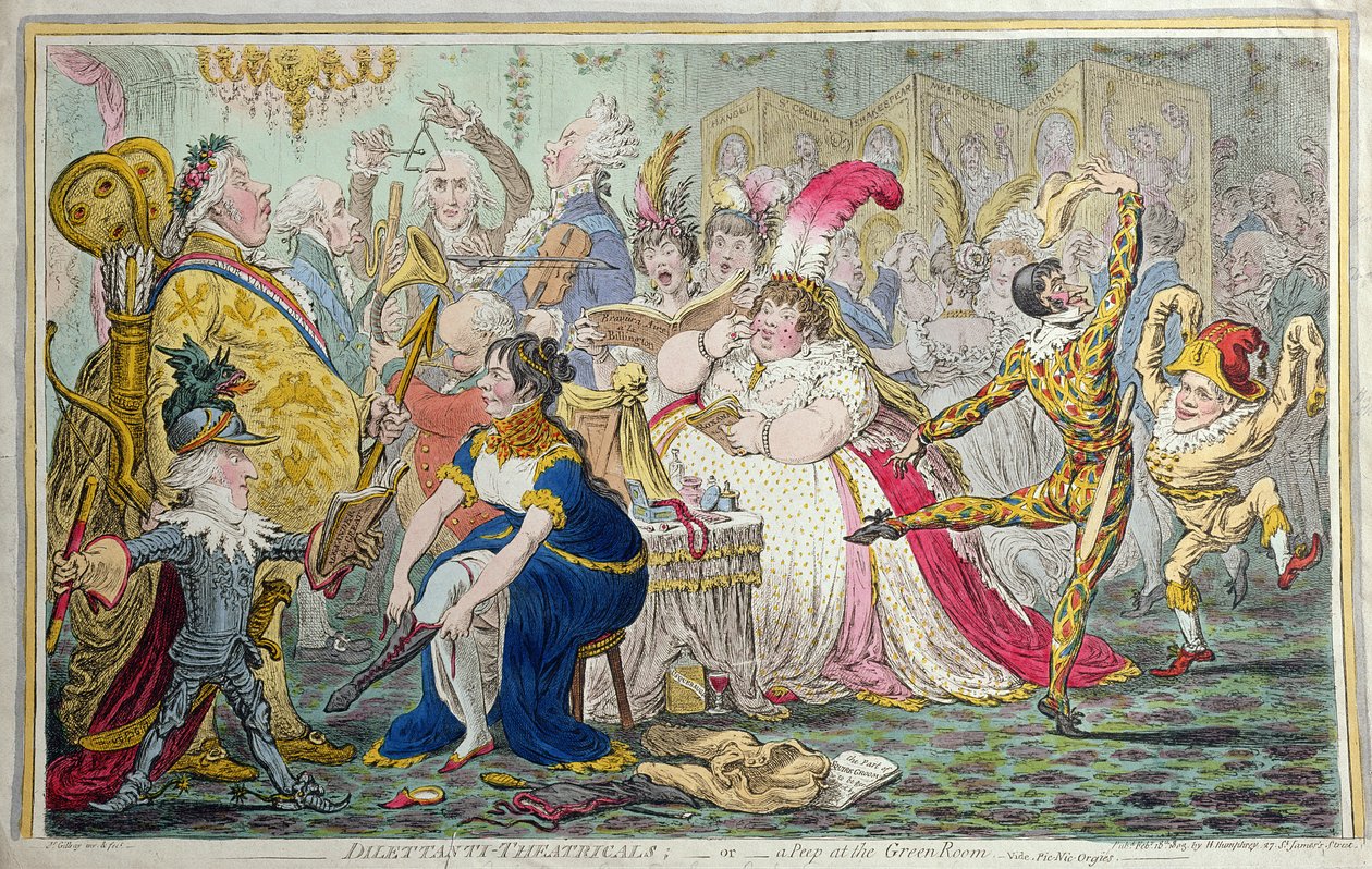 Hannah Humphreyn vuonna 1803 julkaisema Dilettanti Theatricals eli Kurkistus vihreään huoneeseen (käsinvärinen etsaus) tekijältä James Gillray