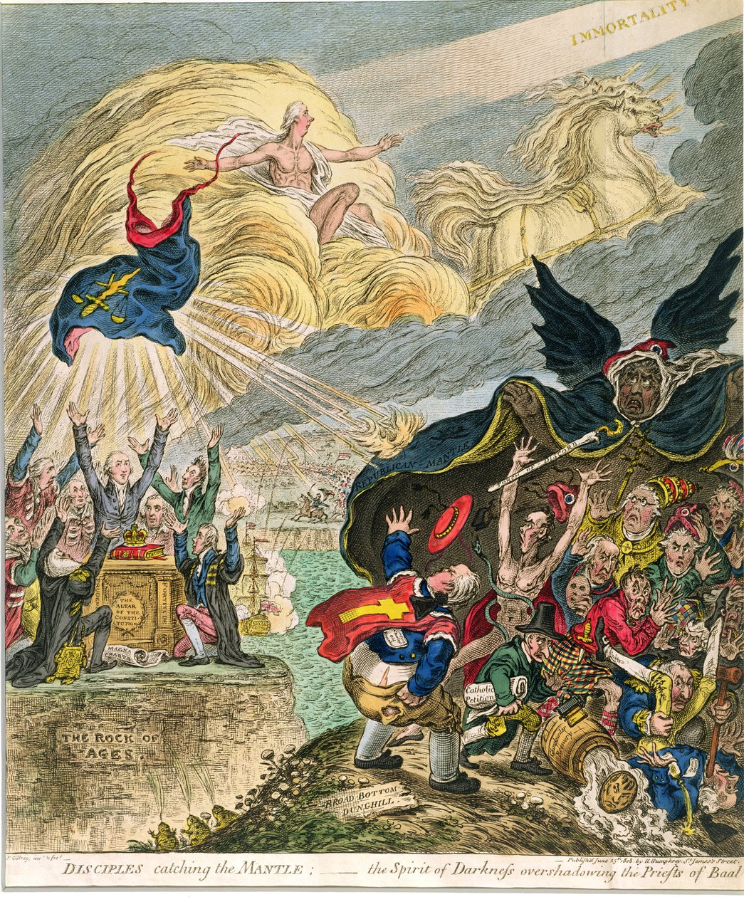 Opetuslapset kiinni vaipan: Pimeyden henki, joka varjostaa Baalin papit, julkaisi Hannah Humphrey vuonna 1808 (käsinvärinen etsaus) tekijältä James Gillray