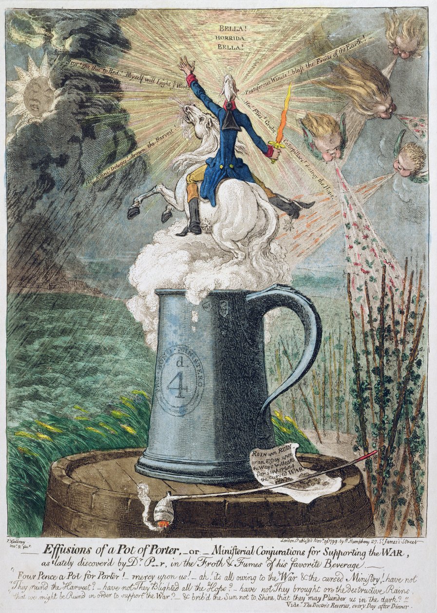 Effusions of a Pot of Porter, or Ministerial Conjurations for Supporting the War, Hannah Humphreyn julkaisema 1799 (käsin väritetty etsaus). tekijältä James Gillray