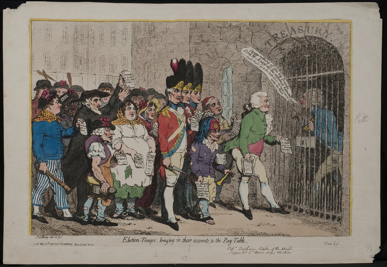 Vaalijoukot tuovat tilinsä palkkapöytään, 1788. tekijältä James Gillray