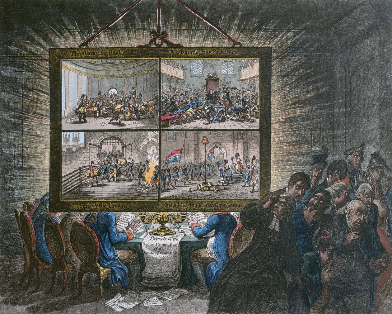 Hannah Humphreyn vuonna 1799 julkaisema näyttely demokraattisesta avoimuudesta ja sen vaikutus isänmaallisiin tunteisiin (käsinvärinen etsaus akvatintalla) tekijältä James Gillray