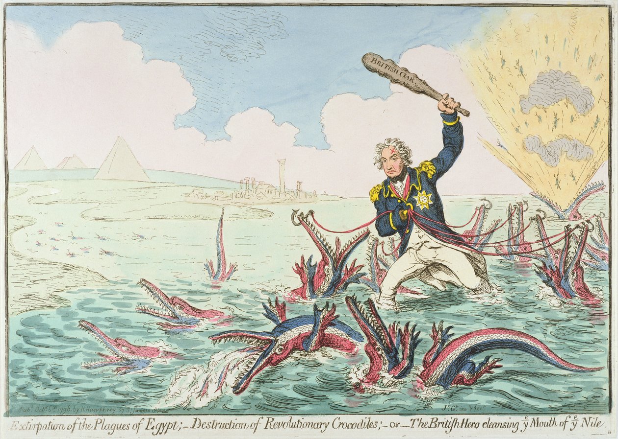 Egyptin vitsausten hävittäminen: - Vallankumouksellisten krokotiilien tuhoaminen, 1798 (käsinvärinen etsaus) tekijältä James Gillray