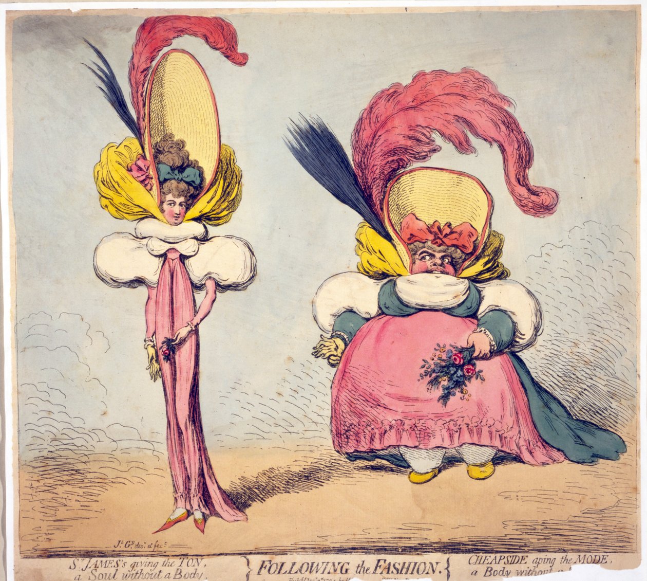 Muotia seuraamassa, pub. 1794 (käsinvärinen kaiverrus) tekijältä James Gillray