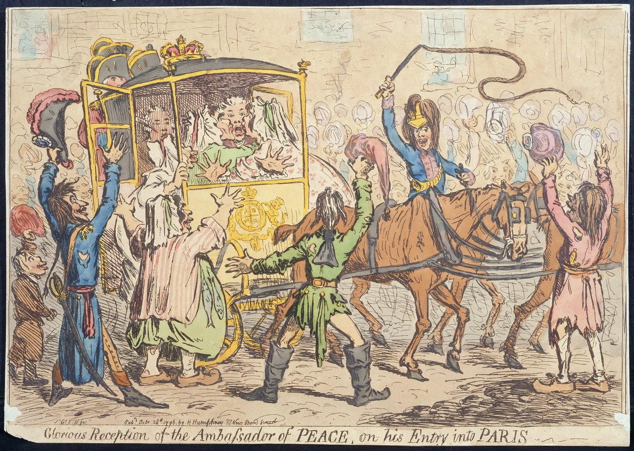 Rauhansuurlähettilään kunniakas vastaanotto hänen saapuessaan Pariisiin, julkaissut Hannah Humphrey vuonna 1796 (käsinvärinen etsaus) tekijältä James Gillray