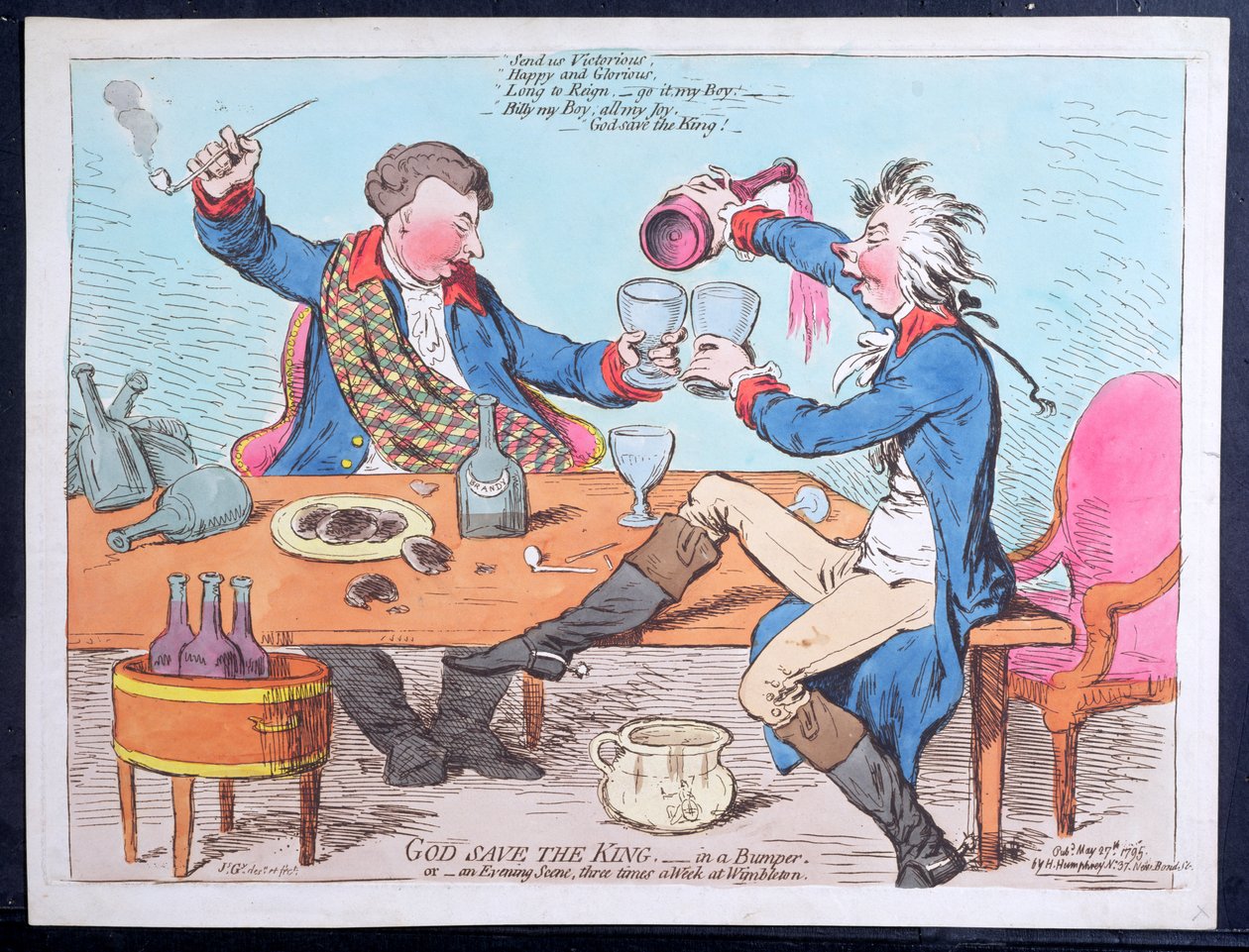 God Save the King - puskurissa eli iltakohtaus kolme kertaa viikossa Wimbletonissa, julkaissut Hannah Humphrey vuonna 1795 (käsinvärinen etsaus) tekijältä James Gillray
