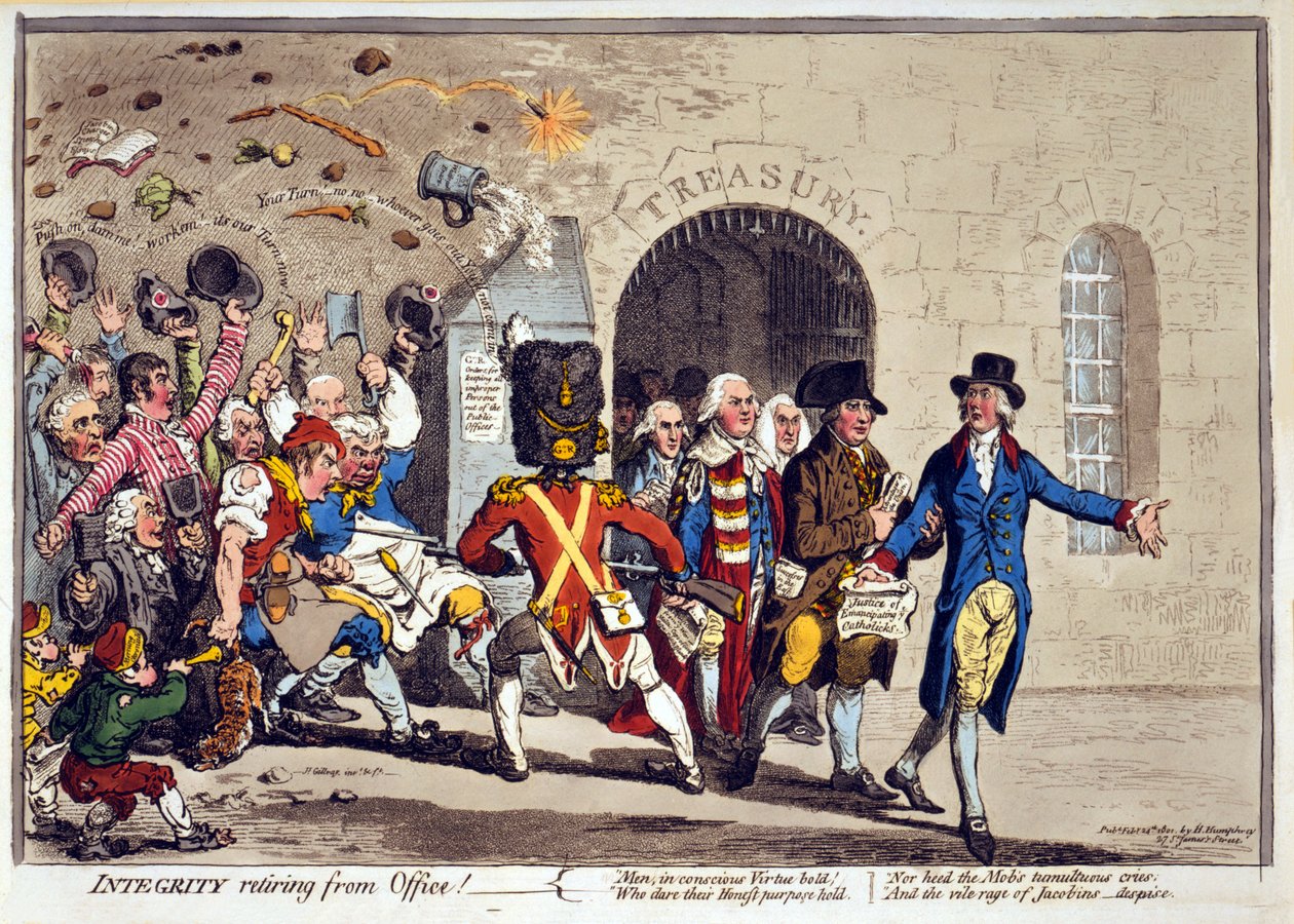 Integrity vetäytyy Officesta!, pub. 1801 (käsinvärinen kaiverrus) tekijältä James Gillray