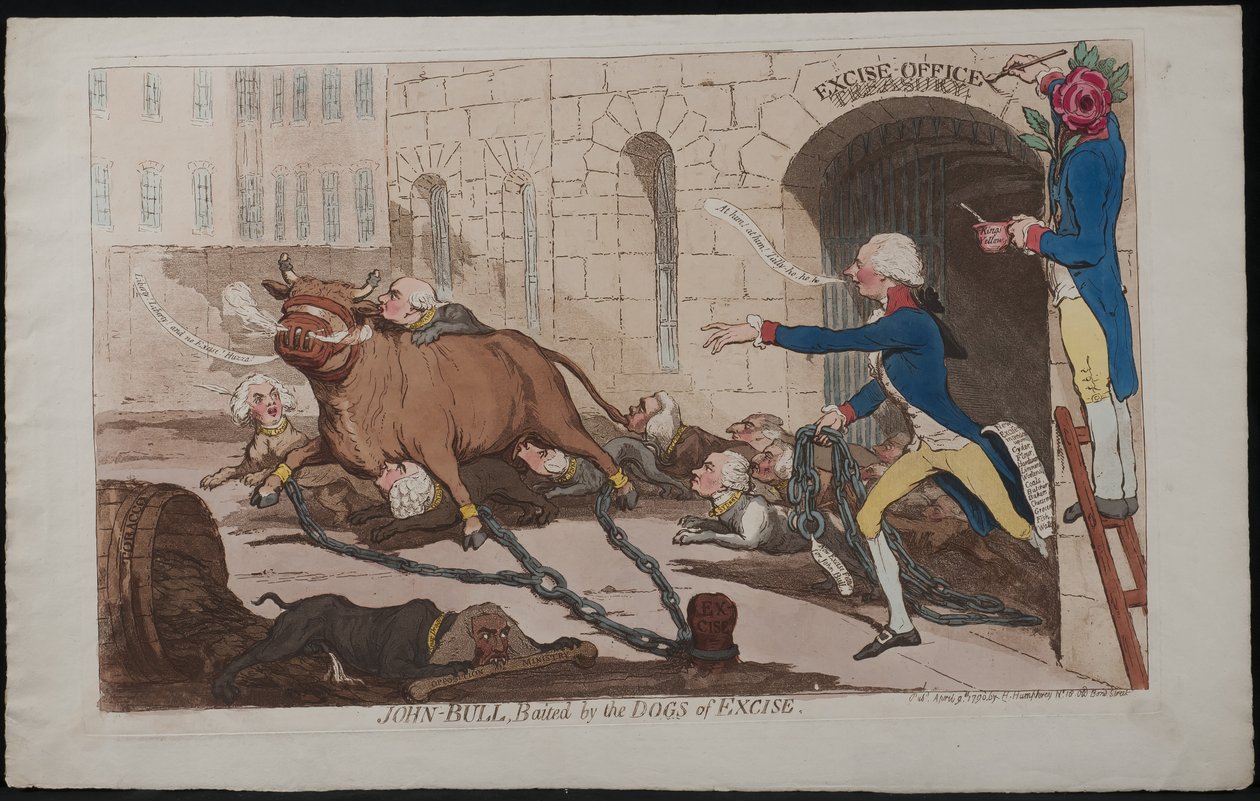 John Bull, Valmisteverotuskoirien houkuttelemana, 1790. tekijältä James Gillray