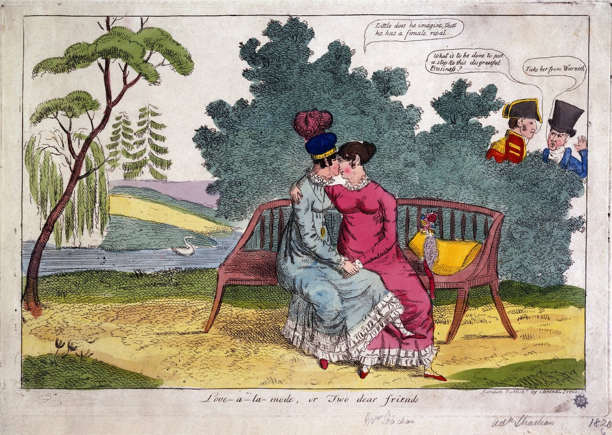 Lady Strachan ja Lady Warwick rakastavat puistossa, kun taas heidän aviomiehensä suhtautuvat paheksuvasti tekijältä James Gillray