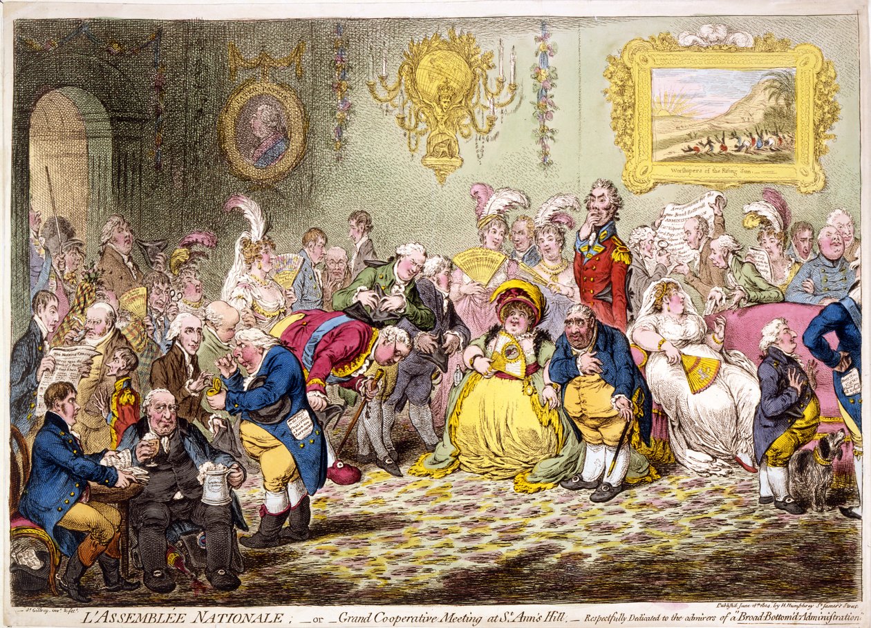 Lassemblée nationale: - tai - suuri yhteistyökokous St. Anns Hillissä, pubissa. 1804 (käsinvärinen kaiverrus) tekijältä James Gillray