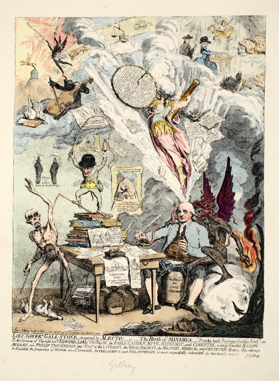 Luutnantti kuvernööri Gall-Stone, Alecton inspiroima tai Minervan syntymä, 1790 (käsinvärinen etsaus) tekijältä James Gillray
