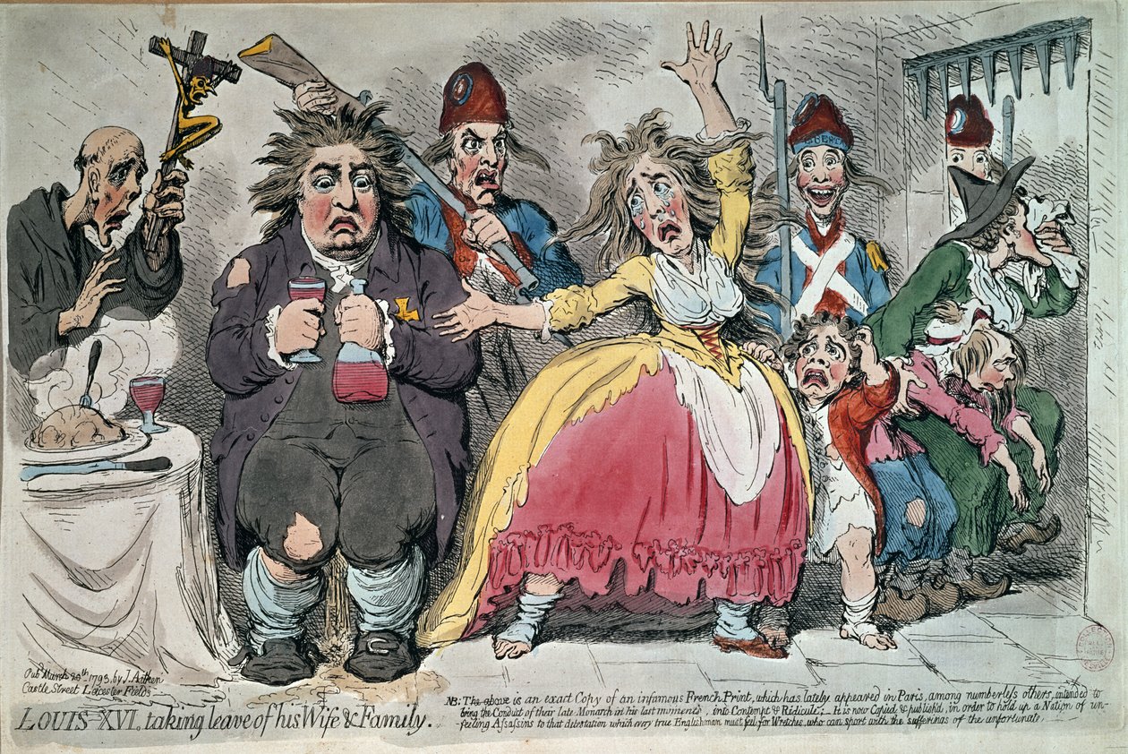 Louis XVI (1754-93) jättää vaimonsa ja perheensä, 1793 tekijältä James Gillray