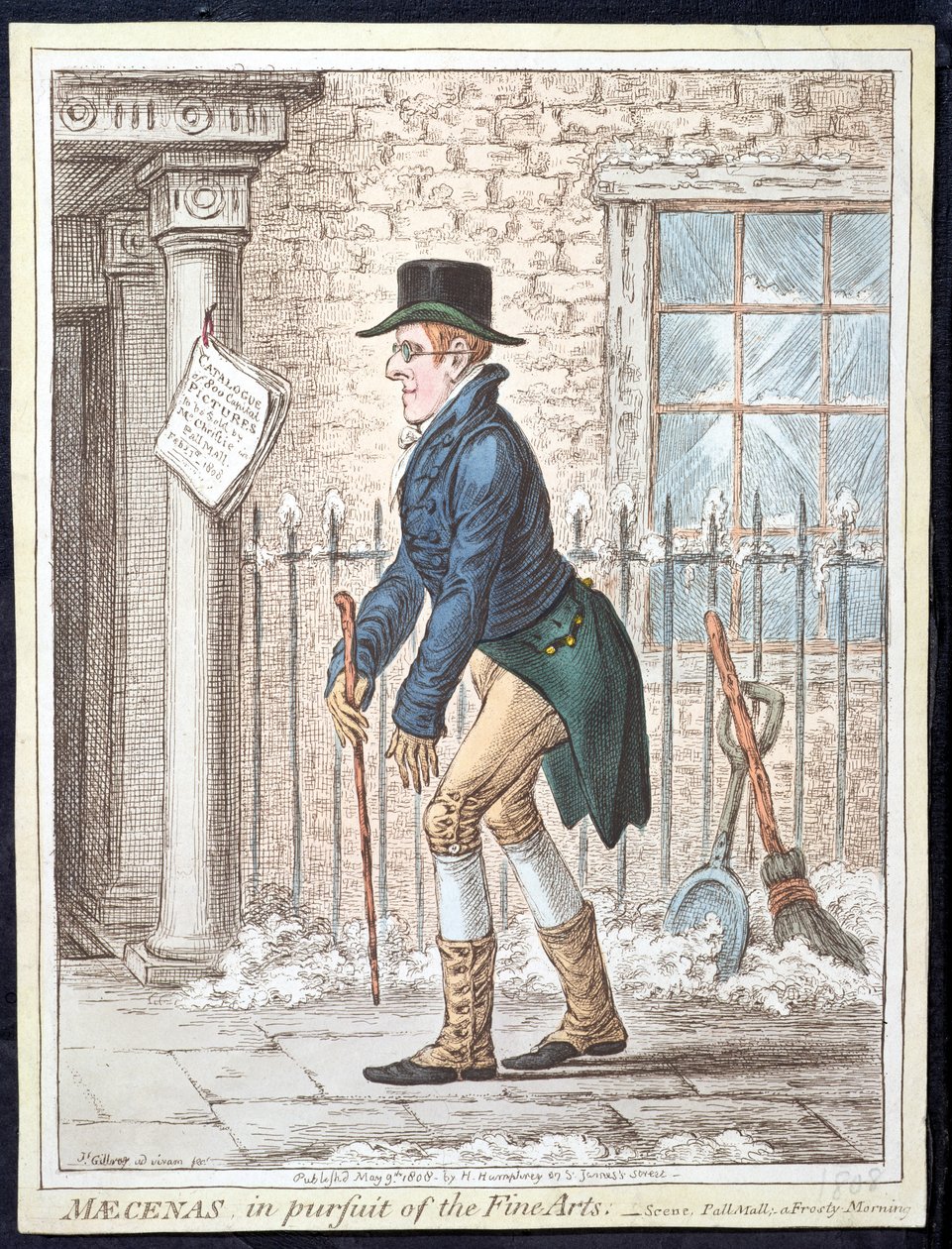 Maecenas tavoittelemassa taidetta tai kohtausta, Pall Mall; A Frosty Morning, julkaissut Hannah Humphrey vuonna 1808 (käsinvärinen etsaus) tekijältä James Gillray