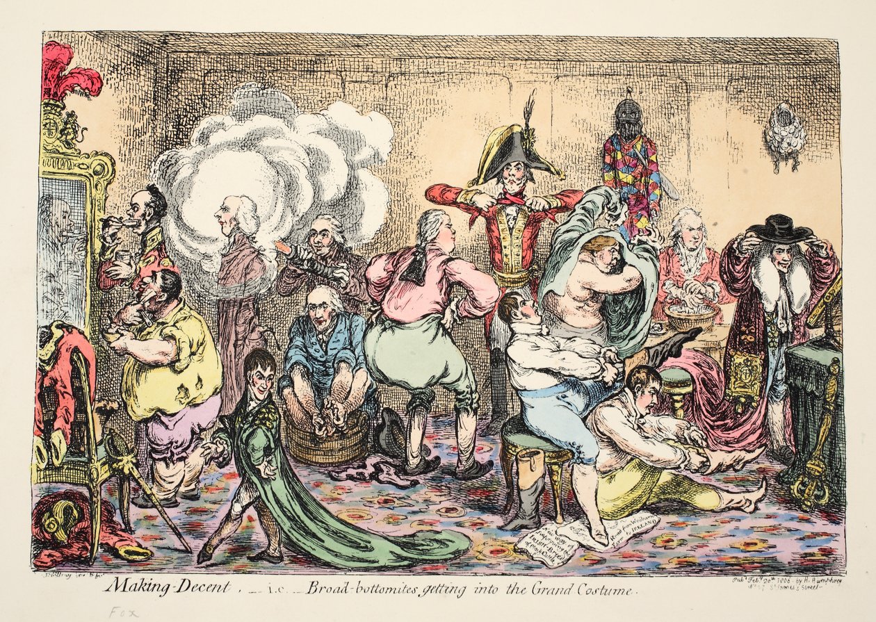 Making Decent, eli Broad Bottomit pääsevät suureen pukuun, pub. 1806 (käsin väritetty kaiverrus). tekijältä James Gillray
