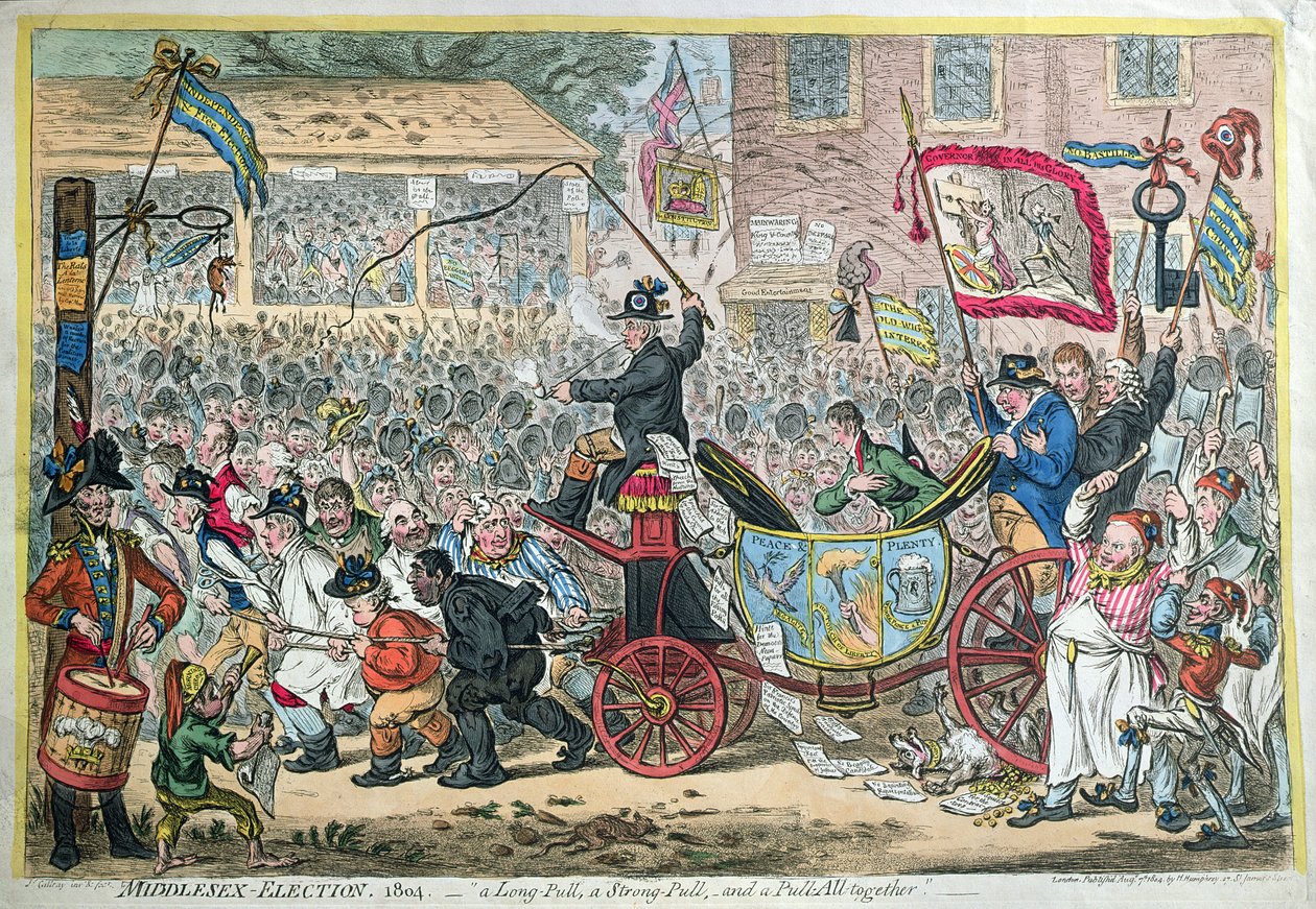 Middlesex Election, 1804, tai A Long Pull, a Strong Pull ja a Pull Alltogether, julkaissut Hannah Humphrey vuonna 1804 (käsinvärinen etsaus) tekijältä James Gillray