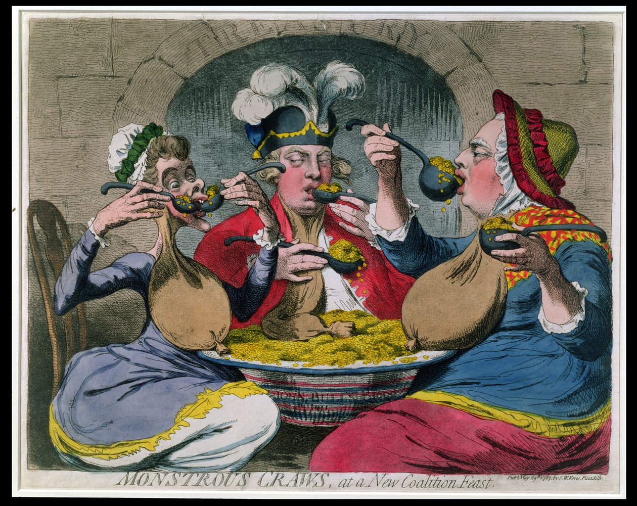 Monstrous Craws at a New Coalition Feast, julkaisija S.W. Fores vuonna 1787 (etsaus akvatintalla) tekijältä James Gillray