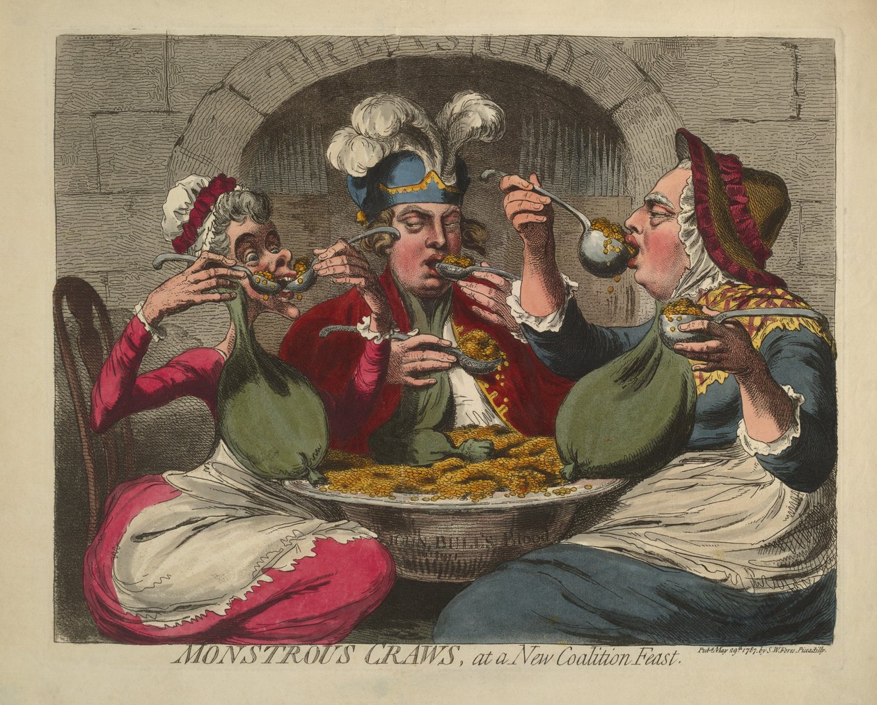 Monstrous Craws, New Coalition Feastissa, pubissa. 1787 (käsinvärinen kaiverrus) tekijältä James Gillray