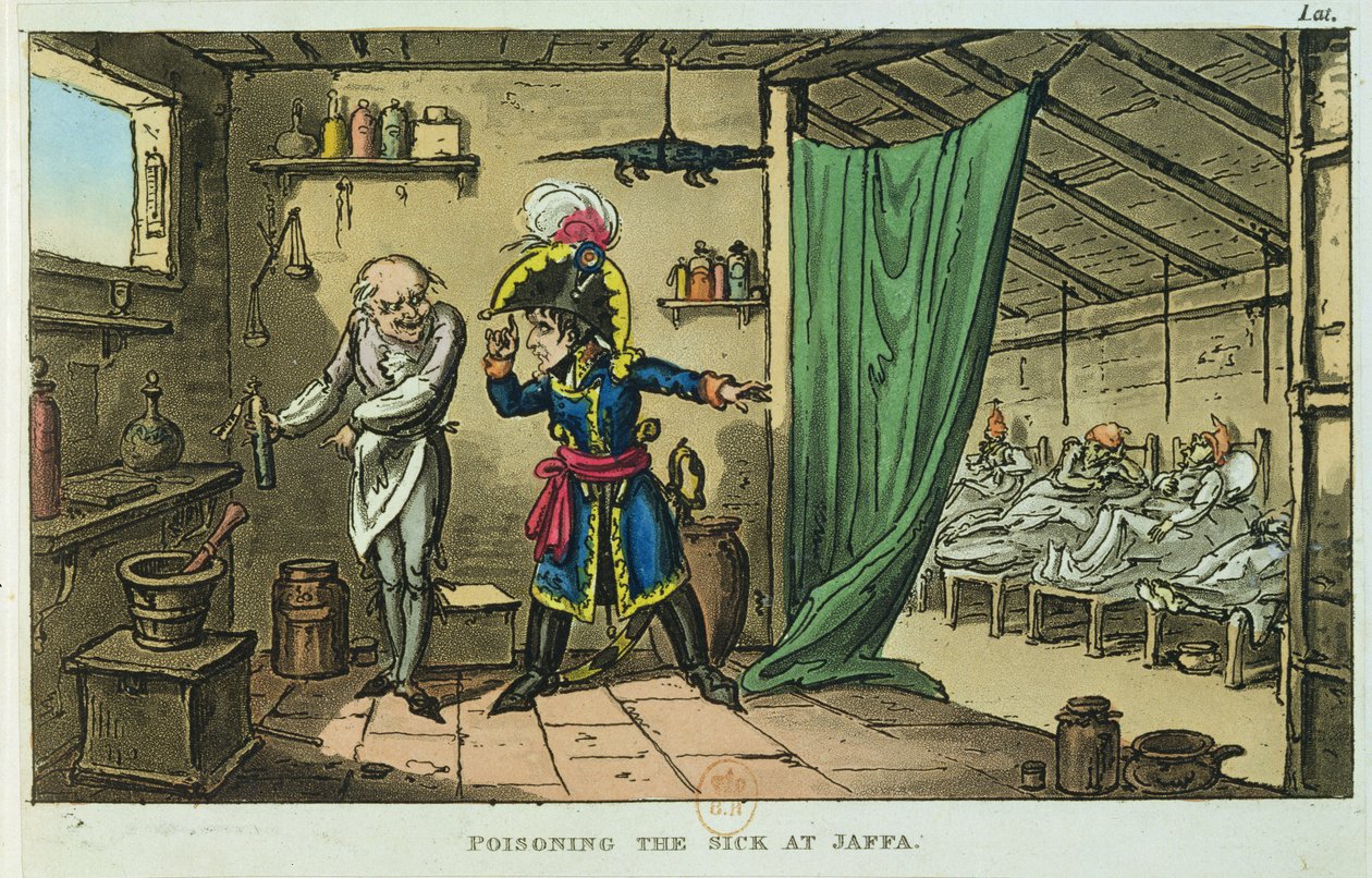 Napoleon Bonaparte (1769-1821) myrkytti sairaita Jaffassa, 1799 tekijältä James Gillray