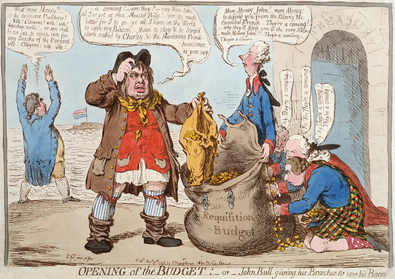 Budjetin avaaminen tai John Bull antaa housut pelastaakseen pekoninsa, julkaistu 17. marraskuuta 1796 tekijältä James Gillray