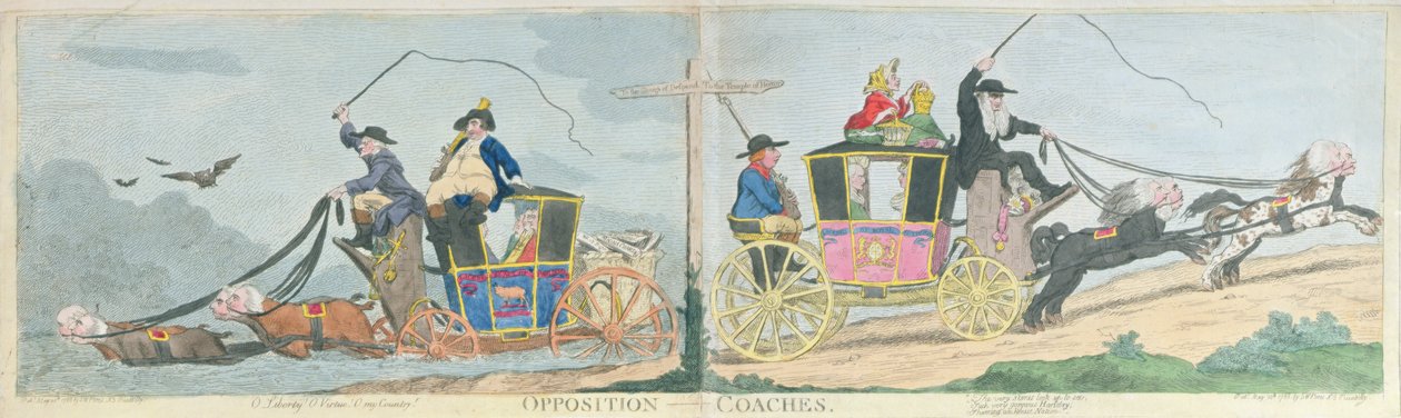 Opposition Coaches, julkaisija S.W. Fores vuonna 1788 (käsinvärinen etsaus) tekijältä James Gillray