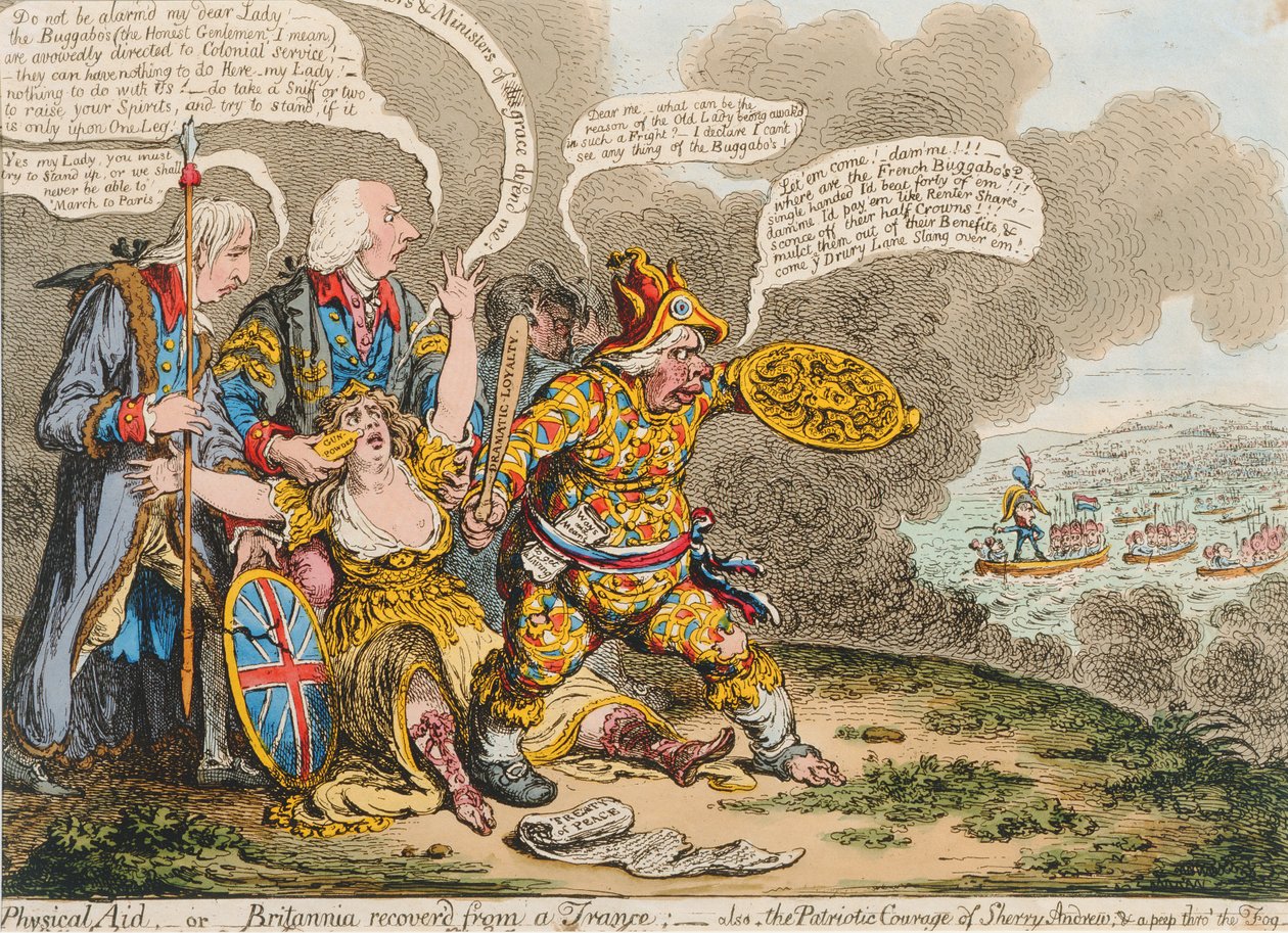 Fyysinen apu tai transsista toipunut Britannia: myös The Patriotic Courage of Sherry Andrews und a Peep into the Fog, Hannah Humphreyn julkaisema 1803 (käsinväritetty etsaus). tekijältä James Gillray