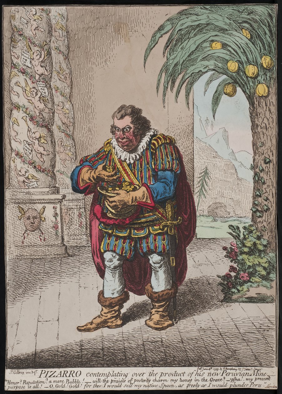 Pizarro tarkastelee uuden Perun kaivoksensa tuotetta, 1799. tekijältä James Gillray