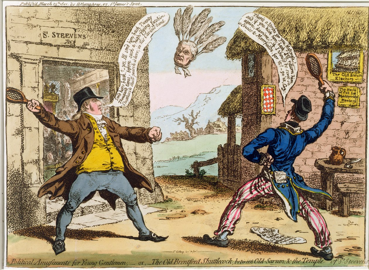 Poliittiset huvit nuorille herroille, eli Old Brentford Shuttlecock, Old Sarumin ja St. Steevensin temppelin välillä, julkaissut Hannah Humphrey vuonna 1801 (käsinvärinen etsaus) tekijältä James Gillray