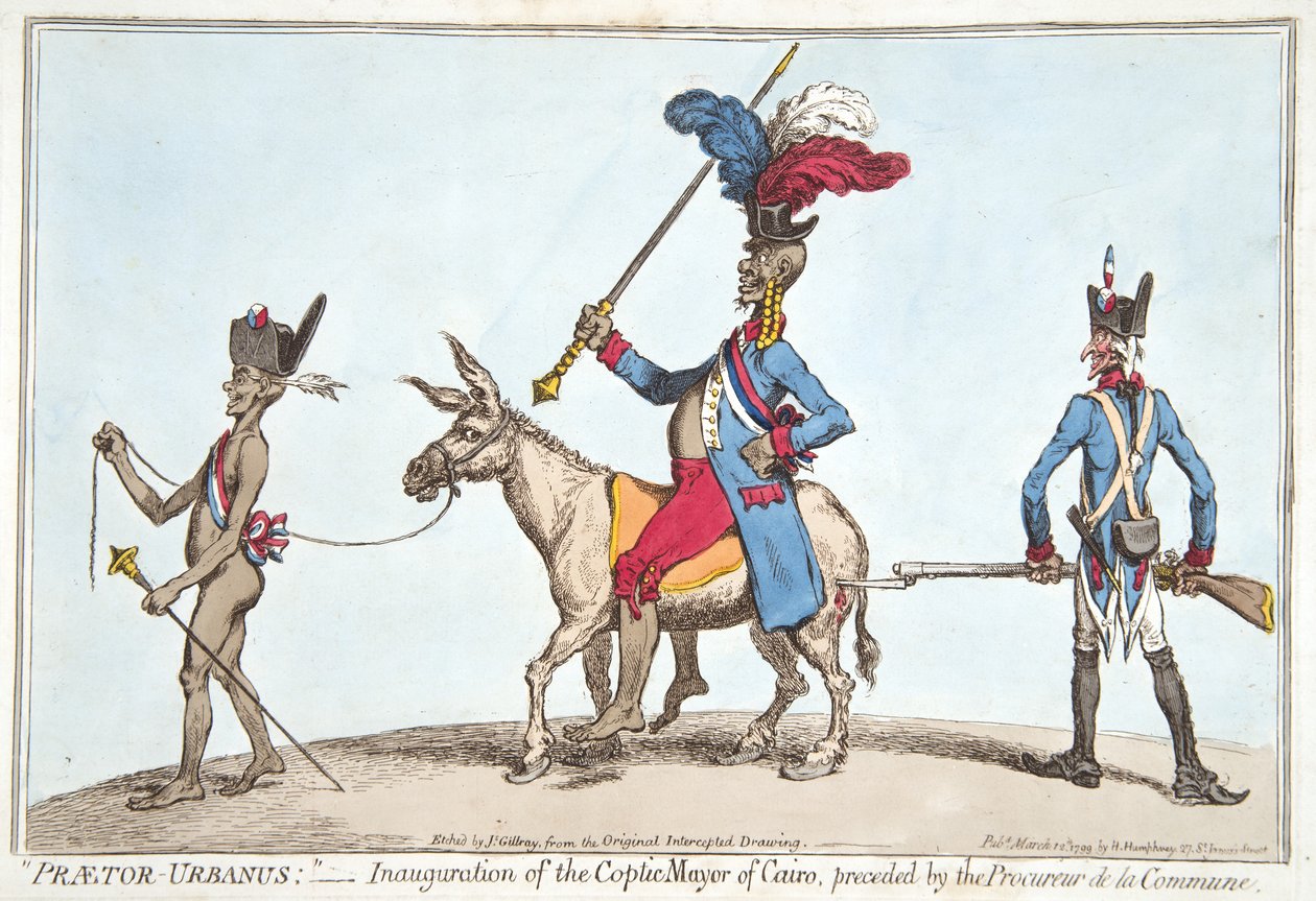 Praetor Urbanus - Kairon koptipormestarin virkaanastuminen, jota edelsi Procureur de la Commune, julkaissut Hannah Humphrey vuonna 1799 (käsinvärinen etsaus) tekijältä James Gillray