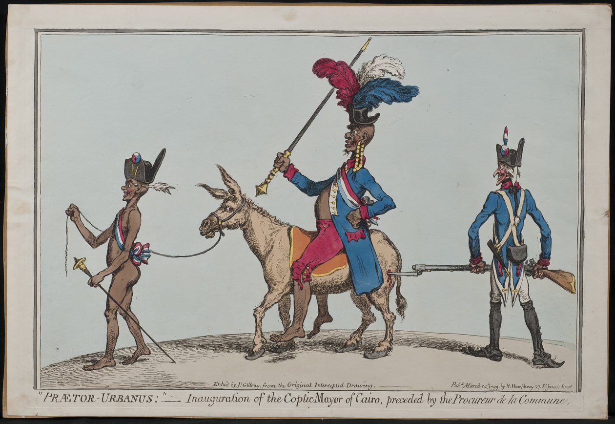 Praetor-Urbanus, Kairon koptilaisen pormestarin virkaanastujaiset, joita edeltää Procureur De La Commune (kunnanjohtaja). tekijältä James Gillray