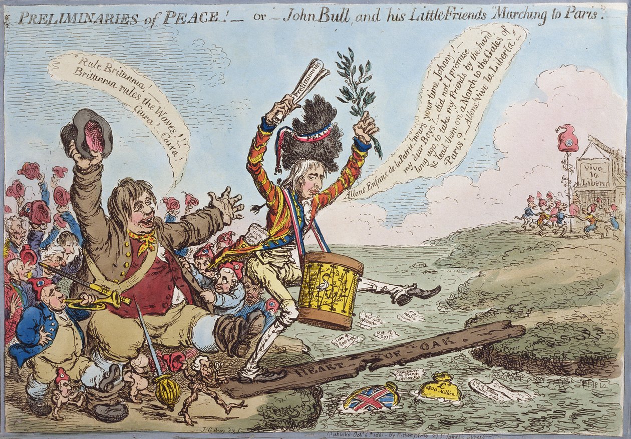 Preliminaries of Peace eli John Bull ja hänen pienet ystävänsä marssivat Pariisiin, julkaissut Hannah Humphrey vuonna 1801 (käsinvärinen etsaus) tekijältä James Gillray