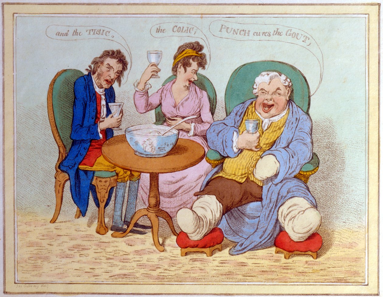 Punch Cures the Gout, the Colic, and the Tisic (värillinen kaiverrus). tekijältä James Gillray