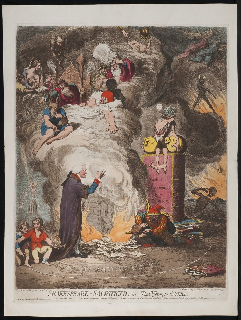 Shakespeare Sacrificed eli uhri ahneudelle, 1789. tekijältä James Gillray