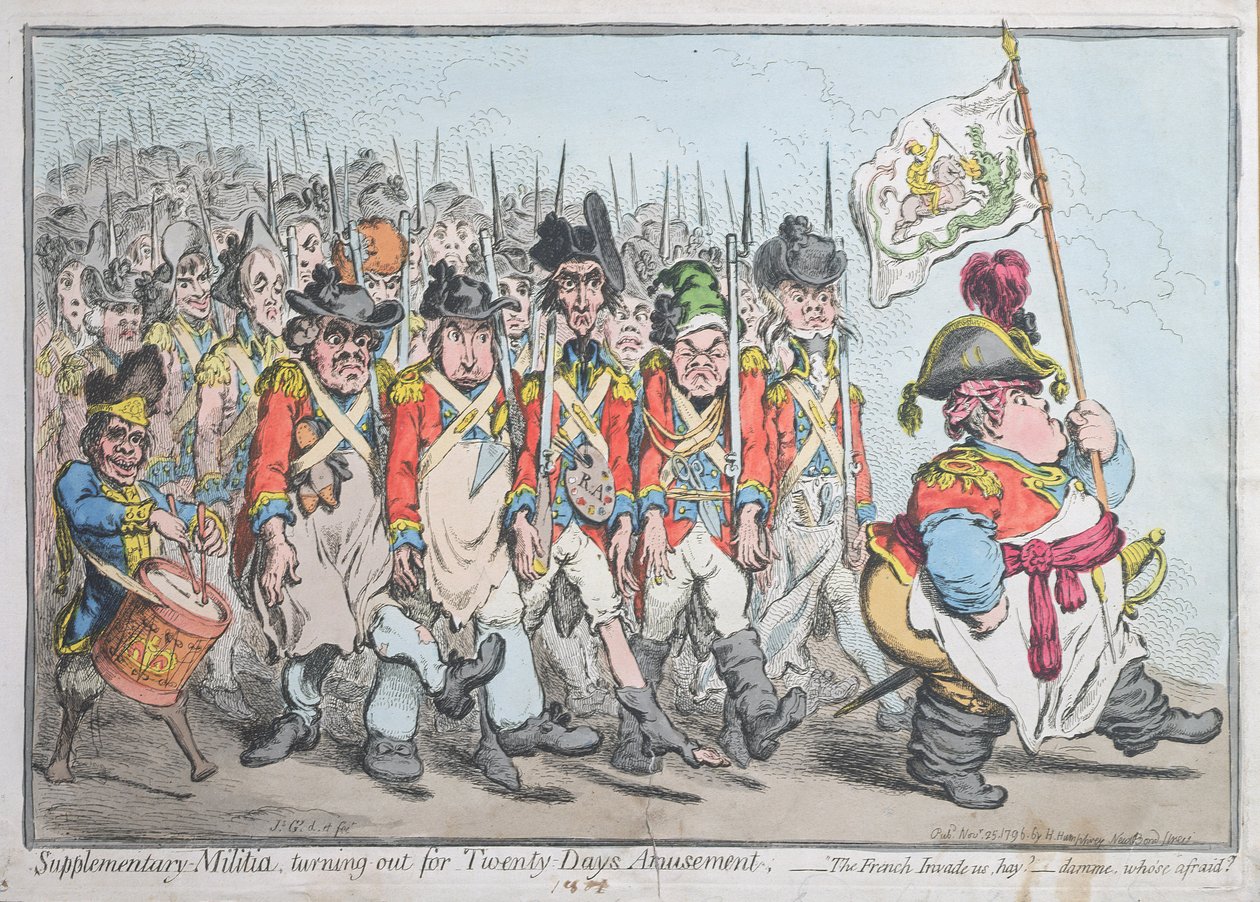 Täydentävä miliisi, joka saapuu kaksikymmentä päivää huville, eli ranskalaiset tunkeutuvat meihin, hay damme, joka pelkää, julkaisi Hannah Humphrey vuonna 1796 (käsinvärinen etsaus) tekijältä James Gillray