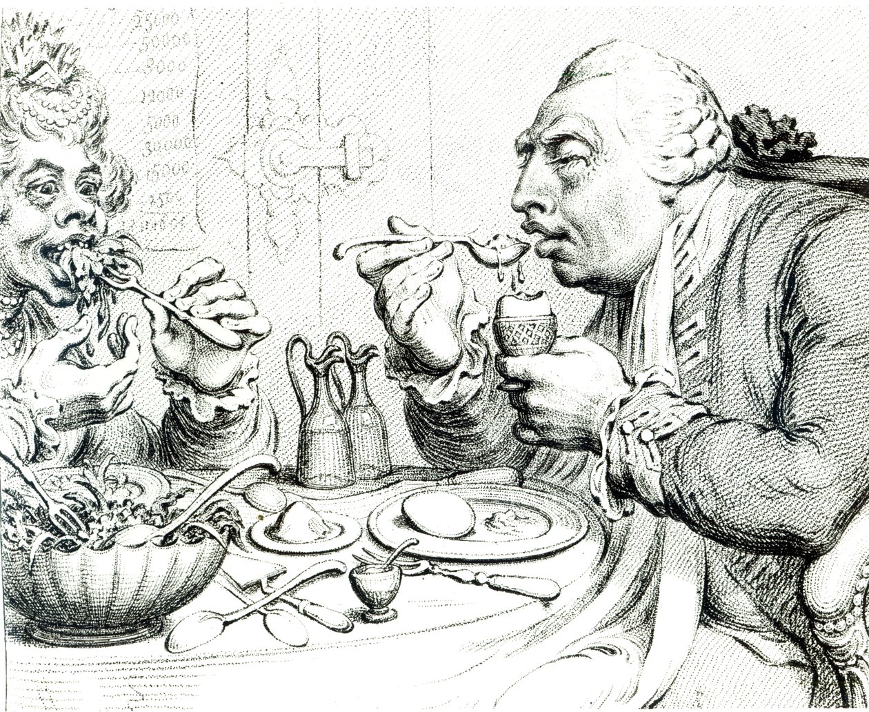Temperance Enjoying a Frugal Meal, karikatyyri George III:sta ja kuningatar Charlottesta (bw print) tekijältä James Gillray