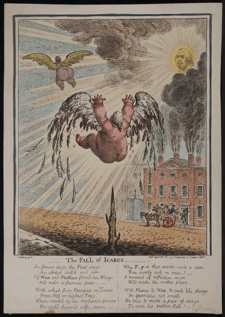 Ikaroksen putoaminen, 1807 tekijältä James Gillray