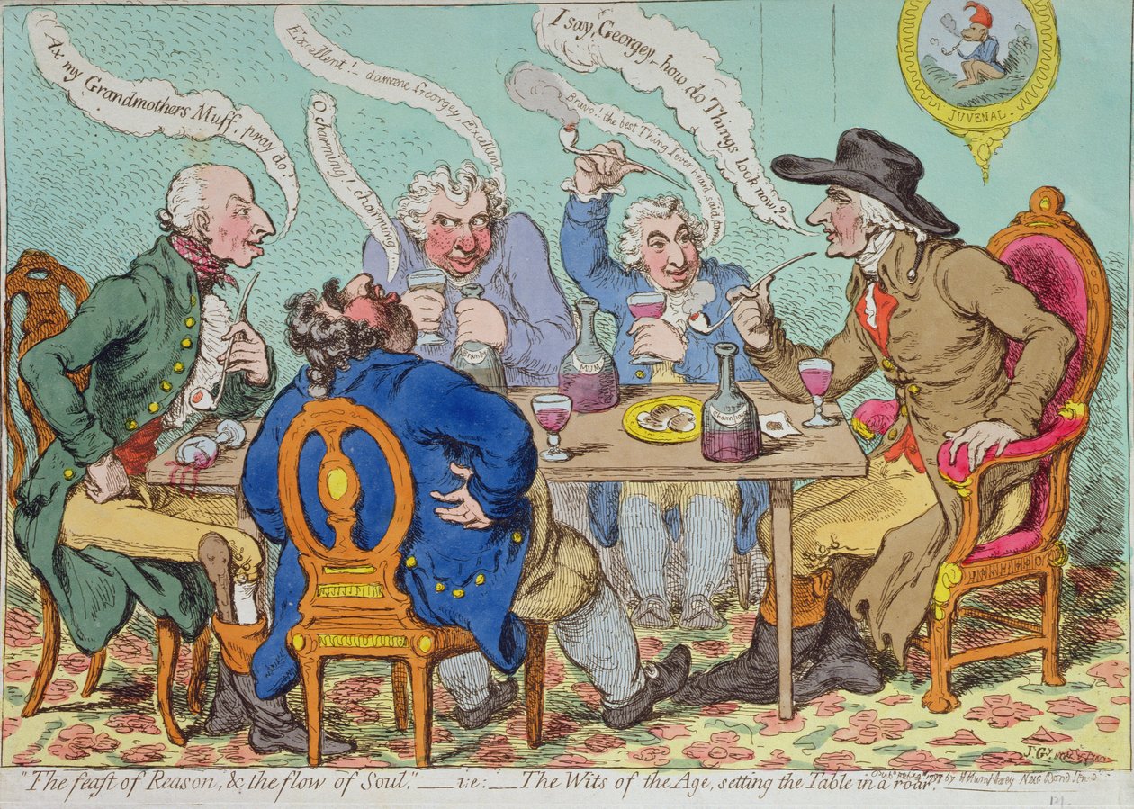 Järjen juhla ja sielun virtaus – eli The Wits of the Age, kattaus pöydän pauhussa, julkaissut Hannah Humphrey vuonna 1797 (käsinvärinen etsaus) tekijältä James Gillray