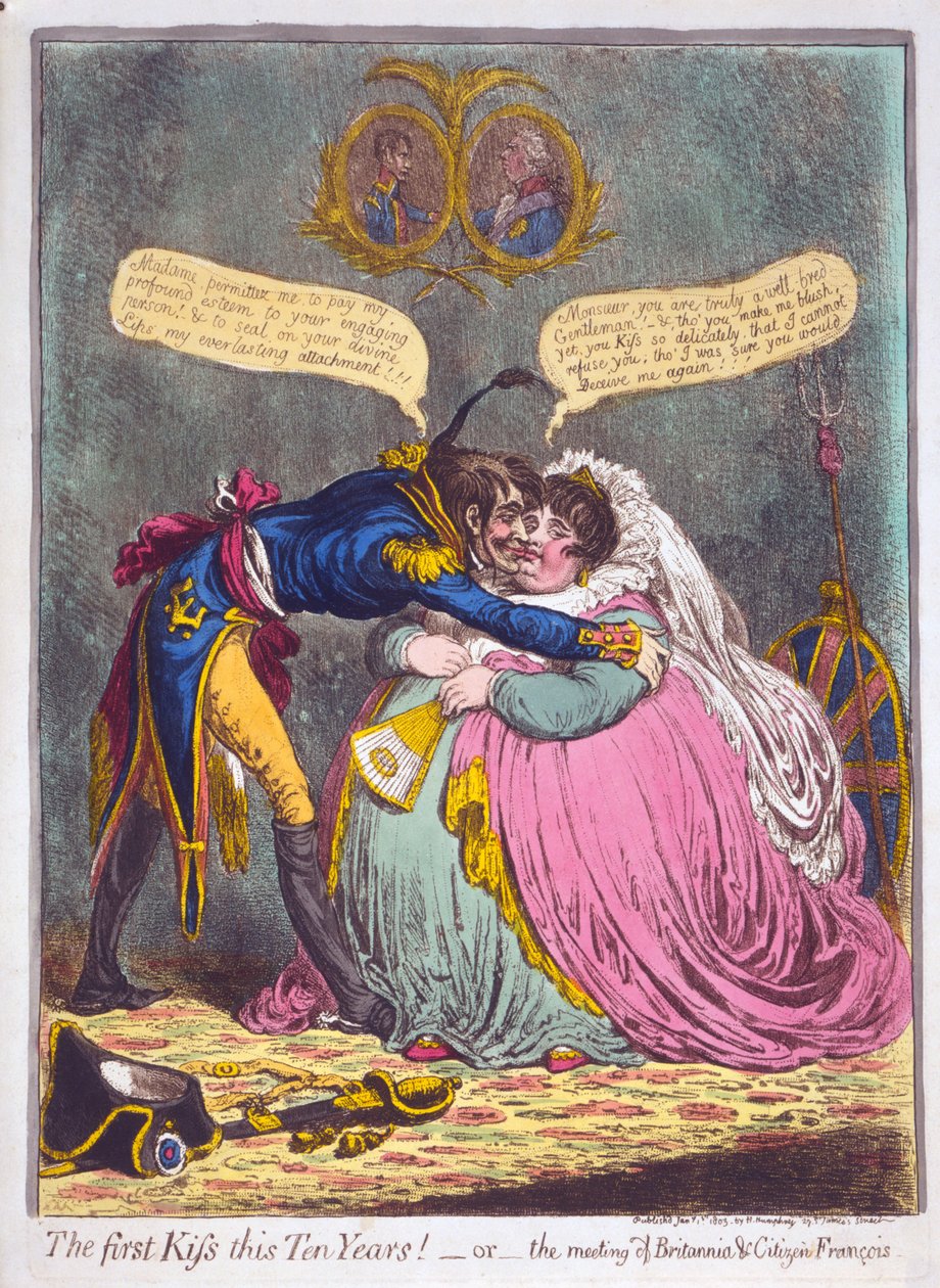Ensimmäinen suudelma tähän kymmeneen vuoteen! Tai Britannian ja Citizen Francoisin kokous, pub. 1803 (käsinvärinen kaiverrus) tekijältä James Gillray