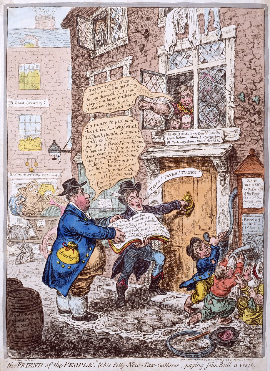 "The Friend of the People" ja hänen Petty New Tax Gatherer, joka vierailee John Bullilla, julkaisi Hannah Humphrey vuonna 1806 (käsinvärinen etsaus) tekijältä James Gillray