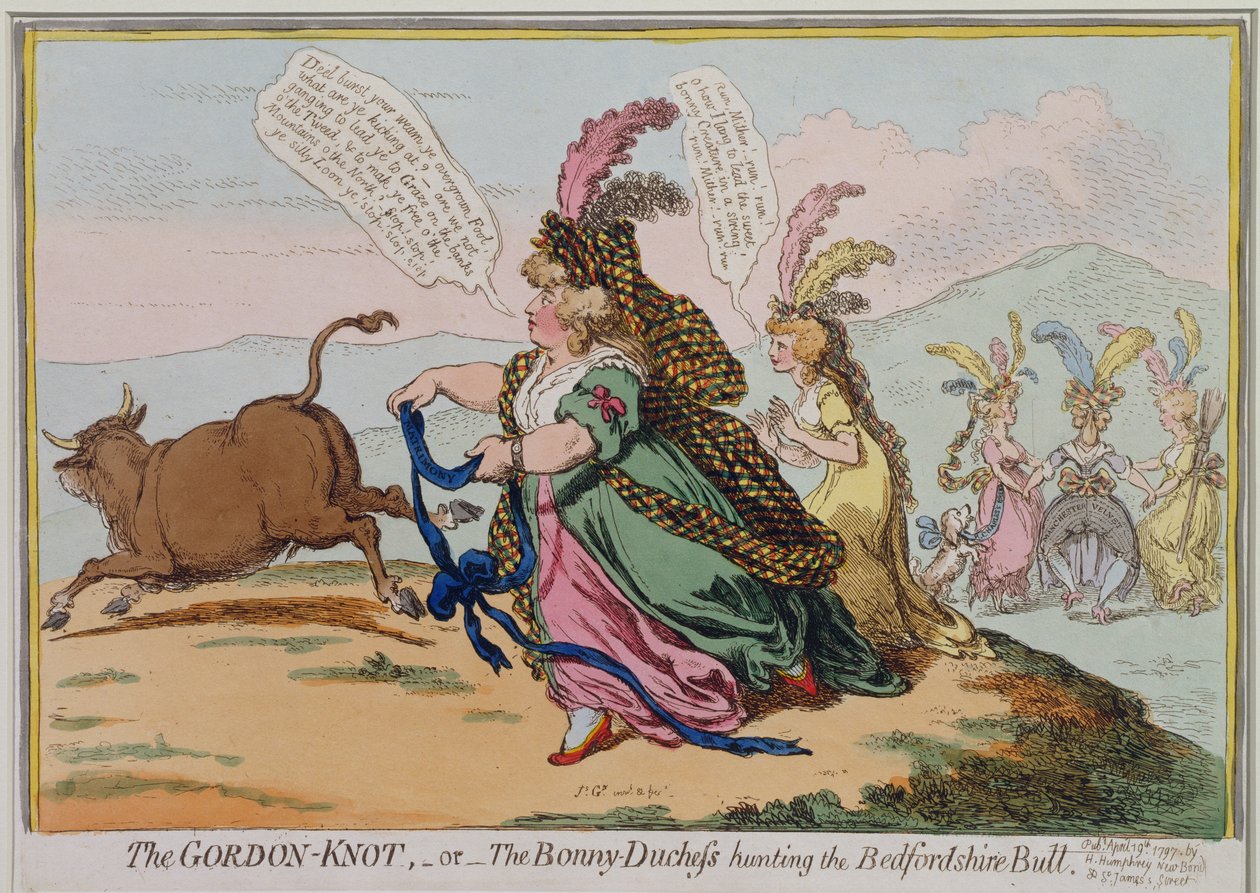 The Gordon-Knot eli Bonny Duchess metsästää Bedford Bullia, julkaissut Hannah Humphrey vuonna 1797 (käsinvärinen etsaus) tekijältä James Gillray