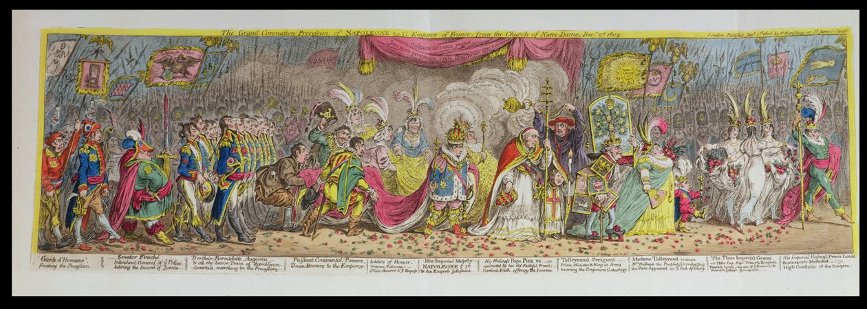 Napoleonin, Ranskan ensimmäisen keisarin, suuri kruunauskulkue Notre-Damen kirkosta, 2. joulukuuta 1804, julkaistu 1805 (etsaus, kaiverrus ja akvatinta) tekijältä James Gillray