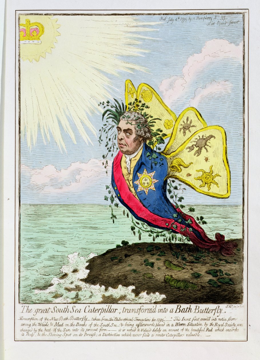 Great South Sea Caterpillar muuttui Bath Butterfly -pubiksi. Kirjailija: Hannah Humphrey, 1795 tekijältä James Gillray