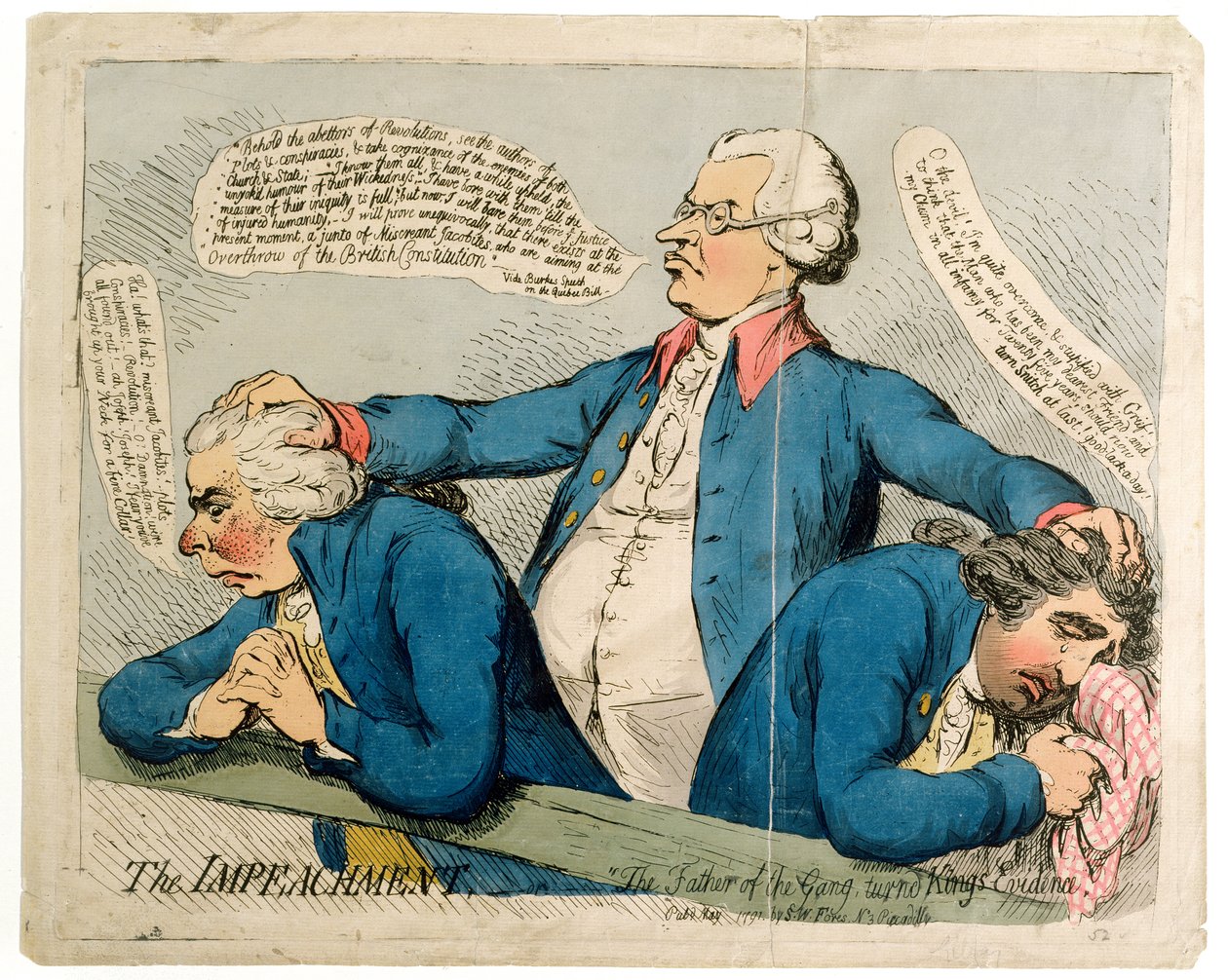 The Impeachment eli "Jengin isä kääntyi kuninkaan todisteeksi", julkaisija S.W. Fores vuonna 1791 (käsinvärinen etsaus) tekijältä James Gillray