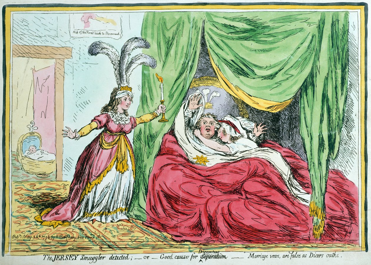 Jerseyn salakuljettaja havaitsi, eli hyviä syitä tyytymättömyyteen: "Avioliittovalat ovat vääriä Dicersin valaisina, julkaisi Hannah Humphrey vuonna 1796 (käsinvärinen etsaus) tekijältä James Gillray