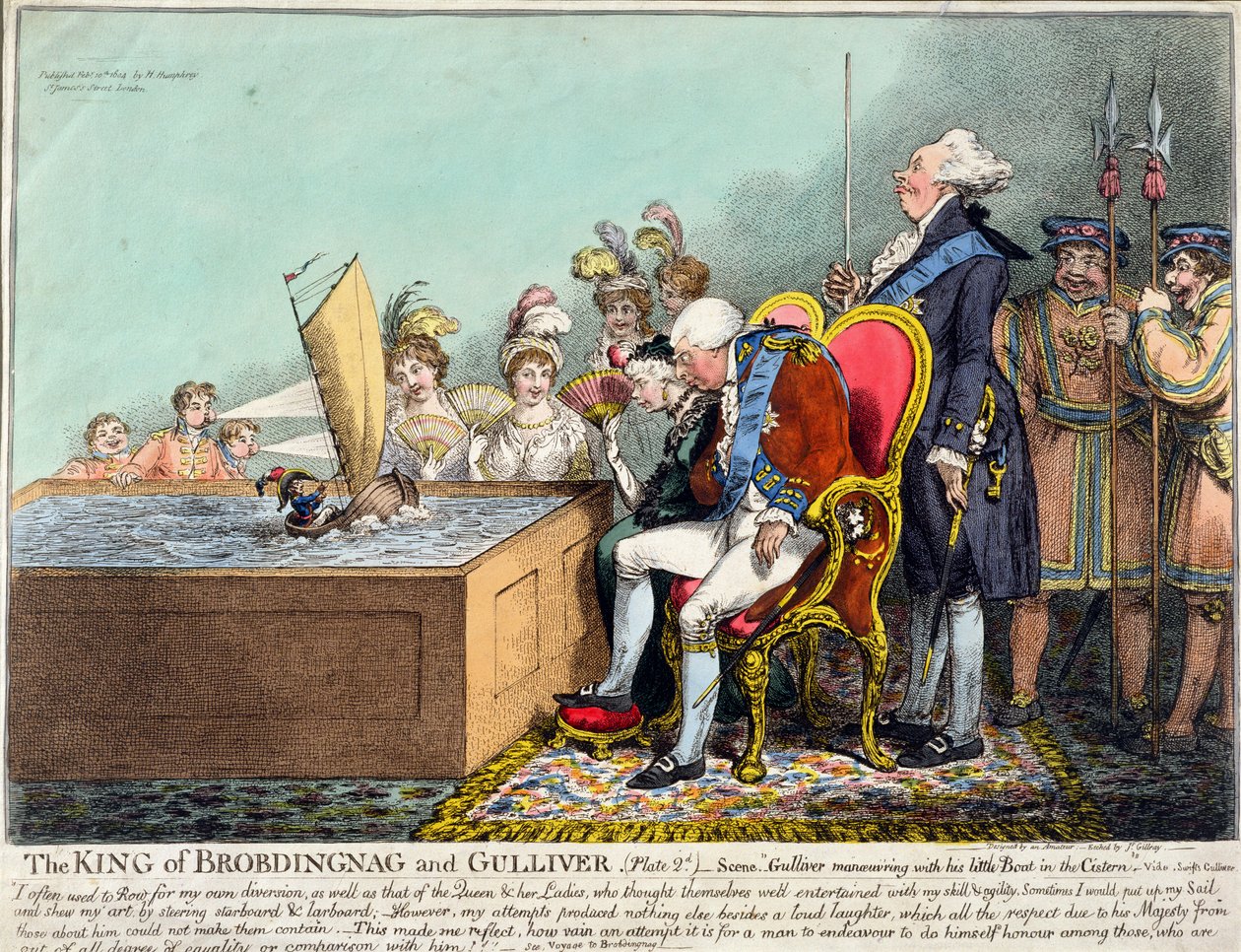 Hannah Humphreyn vuonna 1804 julkaisema Brobdingnagin ja Gulliverin kuningas (levy 2d) (etsaus kaiverruksella ja wc paperille) tekijältä James Gillray